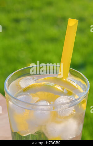 Einfaches Glas Eiswasser mit Zitronenscheiben und Stroh auf einem Tisch. Im Freien mit einem Fokus Rasen Hintergrund in weichen Su genommen Stockfoto