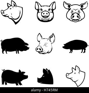 Satz von Schweinefleisch Etiketten. Schwein-Silhouetten und Köpfe. Design-Elemente für Label, Emblem, Zeichen, Logos, Markenzeichen. Vektor-Illustration. Stock Vektor