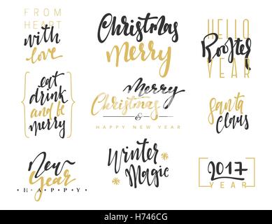 Frohe Weihnachten Designset Schriftzug. Kalligraphie-Inschrift handgemachte Frohe Weihnachten und Happy New Year Stock Vektor