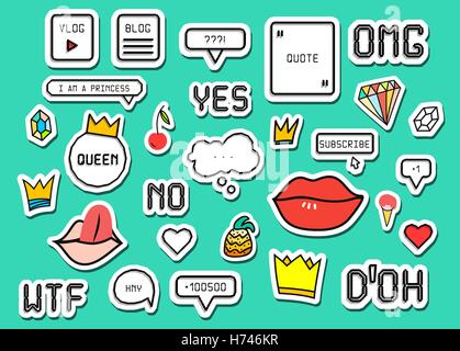Patch-Mode-Kollektion. Populäre Phrasen: Omg Ja Nein Wtf Doh. Aufkleber-Stil-Pixel-Art, Krone, Lippen, Eis, Diamant, pineapp Stock Vektor