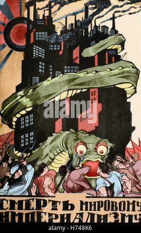 Russland. Kommunismus. Sowjetische Propaganda-Plakat. Weltimperialismus Tod. Farbige. Stockfoto