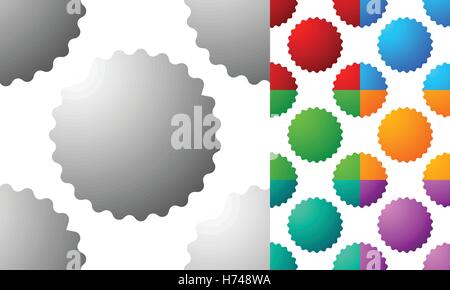 Muster / Hintergrund set mit Abzeichen, Starburst-ähnliche Formen. Satz von 7 Farbe Stock Vektor