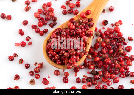 Lebensmittel Nahrungsmittel Pfeffer Makro Nahaufnahme Makro Aufnahme hautnah Ansicht Spice Gewürz Kultur isoliert Farbe Blume rose Pflanze Holz Stockfoto