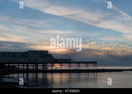 Ein Murmuration der Stare strömen über den viktorianischen Pier zurückgeht bis 1865. Stockfoto