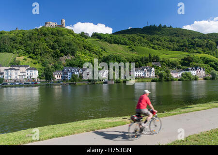 Mann, Radfahren entlang der Mosel, Bernkastel-Kues, Rheinland-Pfalz, Deutschland Stockfoto