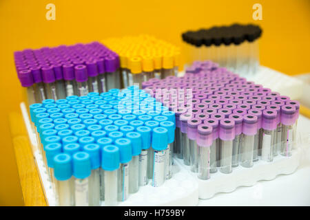 Leere Blut Prüfung medizinische Schläuche. Rack mit Reagenzgläsern Wissenschaftler und im chemischen Labor technische Ausrüstung. Rohre für Centr vorbereitet Stockfoto