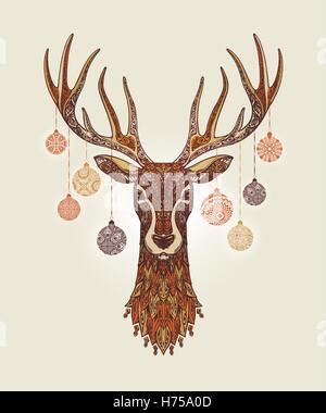 Dekorative Weihnachts-Hirsch mit Ornament und Dekoration Kugeln Stock Vektor