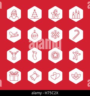 Weihnachten und Neujahr Symbolsatz Vektor-Illustration - Umriss auf weißen Sechseck Stock Vektor