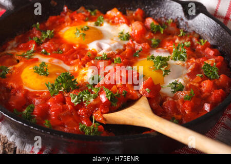 Shakshuka Spiegeleier mit Tomatensauce hautnah in einer Pfanne erhitzen. horizontale Stockfoto