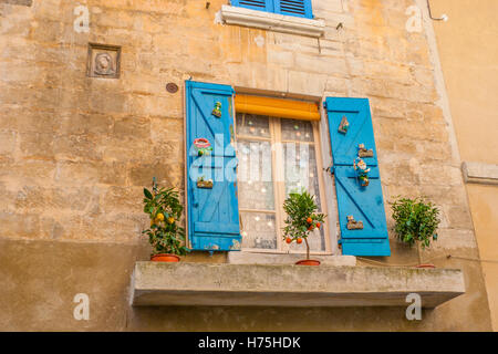 Das Vintage-Fenster, dekoriert mit türkisfarbenen Fensterläden mit Zwergen, kleinen Figuren und Pflanzen in Töpfen auf dem alten Stein Pflanzvorsprung, Avignon, Frankreich Stockfoto