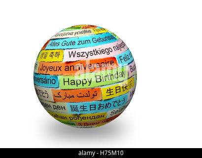 Happy Geburtstag Word Cloud auf farbiges Papier verschiedene Sprachen gedruckt Stockfoto