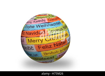 Frohe Weihnachten-Wortwolke gedruckt auf farbiges Papier verschiedene Sprachen auf 3d ball Stockfoto