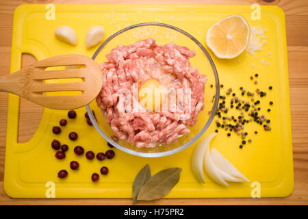 Hackfleisch in einer Schüssel mit Gewürzen und Ei, selektiven Fokus Stockfoto