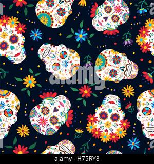Tag der Toten Musterdesign mit traditionellen mexikanischen Sugar Skull Dekoration, Blumen und bunten Kunst. EPS10 Vektor. Stock Vektor