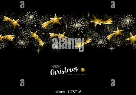 Frohe Weihnachten, frohes neues Jahr gold low-Poly Muster Dekoration im Stil mit Sternschnuppen und Feuerwerk-Design. EPS10 Vektor. Stock Vektor
