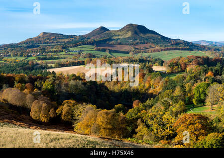 Scotts View, ein Aussichtspunkt mit Blick auf das Tal des Flusses Tweed, mit den Eildon Hügeln jenseits Scottish Borders. Stockfoto