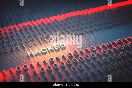 3D Abbildung des binären Codes unterbrochen durch das Wort "Gehackt" Stockfoto