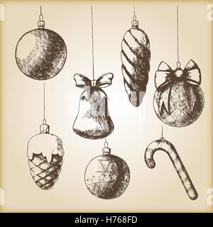 Braune Vintage Skizze - Weihnachtsschmuck wie von Hand gezeichnet. Stock Vektor