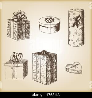 Braune Vintage Skizze - Geschenkboxen von Hand gezeichnet. Stock Vektor