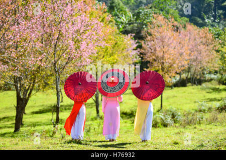 Drei Frauen in der Blüte Obstgarten tragen traditionelle japanische kimonos Stockfoto