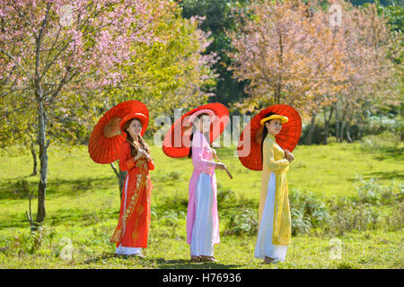 Drei Frauen in der Blüte Obstgarten tragen traditionelle japanische kimonos Stockfoto