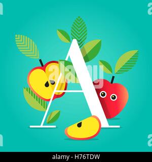 Bunte flache Vektor-Illustration der ersten Alphabet Buchstaben A mit Äpfeln, Blättern und Verlaufshintergrund Stock Vektor
