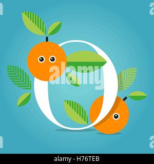 Bunte flache Vektor-Illustration der ersten Alphabet Buchstaben O mit Orangen, Blättern und Verlaufshintergrund Stock Vektor