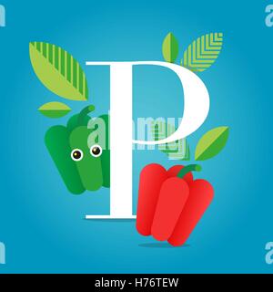 Bunte flache Vektor-Illustration der ersten Alphabet Buchstaben P mit Paprika, Blättern und Verlaufshintergrund Stock Vektor