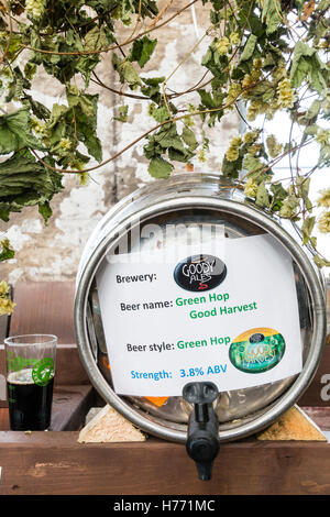 England, Tunbridge Wells. CAMRA Real Ale Bier Festival im Lokschuppen. Barrel Bier mit Label, "Grüne hop' Bier, Stärke 3,8%. Stockfoto