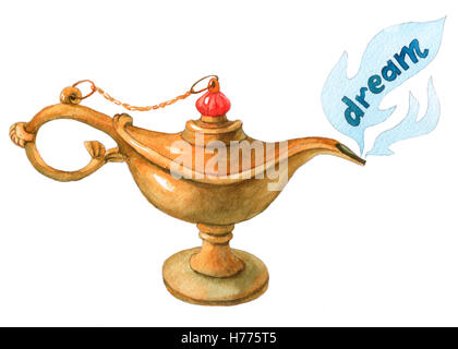 Hand Aquarell Darstellung der magischen Aladdin Genie Lampe auf weißem Hintergrund. Stockfoto