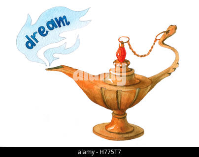 Hand Aquarell Darstellung der magischen Aladdin Genie Lampe auf weißem Hintergrund. Stockfoto