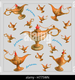 Hand Aquarell Darstellung der magischen Aladdin Genie Lampe aus Tausendundeinernacht. Grauen Hintergrund. Stockfoto