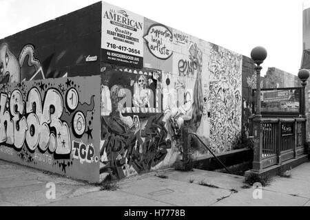 Graffiti wall mural Streetart entlang Meserole Street in East Williamsburg / Brunswick Abschnitt von Brooklyn, New York City, USA Stockfoto