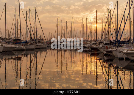 Yachten ankern im Hafen bei Sonnenaufgang, Antibes, Côte d ' Azur, Frankreich Stockfoto