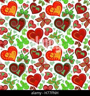Nahtlose Valentine Muster mit bunten Vintage grünen und braunen Schmetterlingen, Blumen, Herzen auf weißem Hintergrund. Vektor Stock Vektor