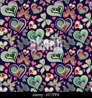 Nahtlose Valentine Muster mit bunten Vintage grüne Schmetterlinge, Blumen und Herzen auf schwarzem Hintergrund. Vektor-illustration Stock Vektor