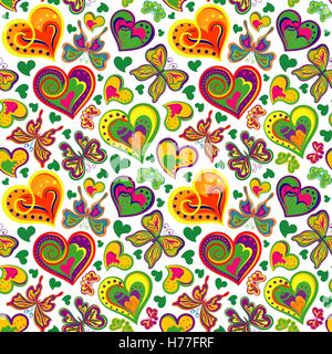 Nahtlose Valentine Muster mit Vintage bunte Schmetterlinge, Blumen, Herzen auf weißem Hintergrund. Vektor-Illustration. Stock Vektor