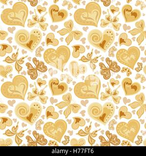 Nahtlose Valentine Muster mit bunten Vintage Sepia Schmetterlinge, Blumen und Herzen auf weißem Hintergrund. Vektor-Illustration. Stock Vektor