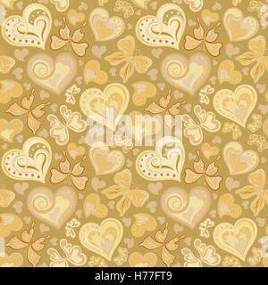 Nahtlose Valentine Muster mit bunten Vintage Sepia Schmetterlinge, Blumen und Herzen auf braunem Hintergrund. Vektor-Illustration. Stock Vektor