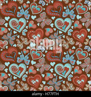 Nahtlose Valentine Muster mit bunten Vintage blau und braun Schmetterlinge, Blumen und Herzen auf schwarzem Hintergrund. Vektor-illustration Stock Vektor