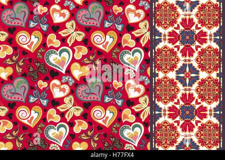 Satz von Valentines Blumenkarte mit Herz, Schmetterling und nahtlose Grenze, Band Band Streifen. Retro-Muster Stock Vektor