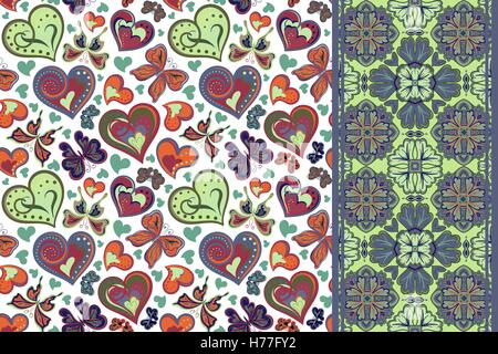 Satz von Valentines Blumenkarte mit Herz, Schmetterling und nahtlose Grenze, Band Band Streifen. Retro-Muster Stock Vektor