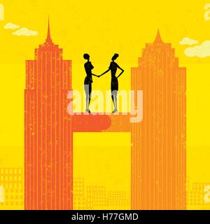 Geschäft Fusion zwei Geschäftsfrauen Händeschütteln nach dem Zusammenschluss ihrer Unternehmens zusammen. Die Frauen und Wolkenkratzer sind auf einem separ Stock Vektor