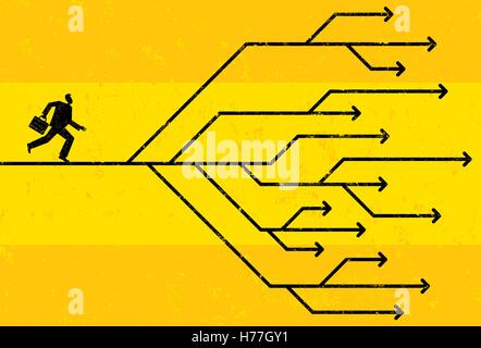 Karriere Möglichkeiten Geschäftsmann seinen Karriereweg zu navigieren. Der Mann und die Pfeile sind auf einer separaten beschrifteten Ebene aus dem Hintergrund. Stock Vektor