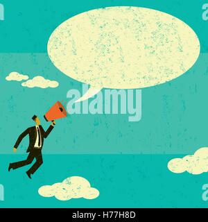 Kommunikation mit Ankündigung einer Nachricht in einer Sprechblase mit einem Megaphon Megafon A Geschäftsmann.  Der Mann & Rede bubb Stock Vektor