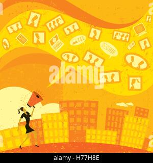 Kommunikation mit Social Media eine Geschäftsfrau in ein Megaphon schreien und ihre Botschaft mit social Media zu vermitteln. Die wo Stock Vektor