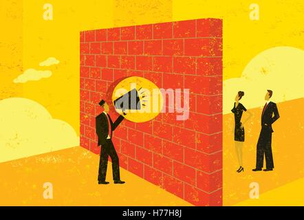 Schreiend durch ein Ziegel Wand A Geschäftsmann eine Barriere zu überwinden, mit potenziellen Kunden zu kommunizieren.  Die Menschen & Ziegel Wand Stock Vektor