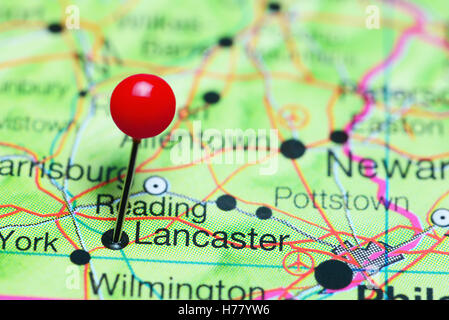 Lancaster fixiert auf einer Karte von Pennsylvania, USA Stockfoto