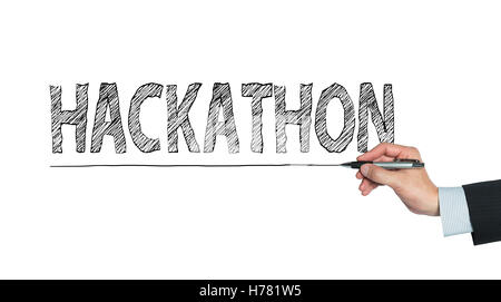 Hackathon geschrieben von Hand, Handschrift auf transparente Board, Foto Stockfoto