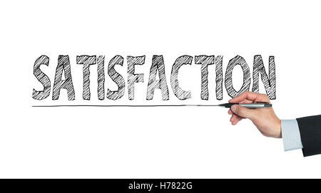 Zufriedenheit von hand geschrieben, Handschrift auf transparente Board, Foto Stockfoto